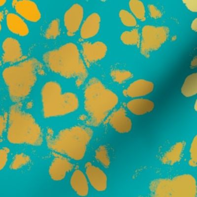 Large Puppy Paw Print Floral, Marigold on Turquoise