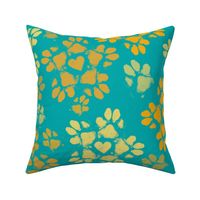 Large Puppy Paw Print Floral, Marigold on Turquoise