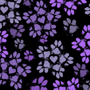 Large Puppy Paw Print Floral, Purple on Black