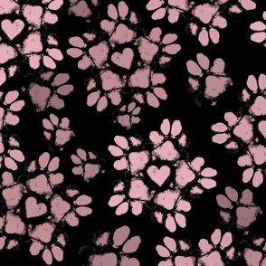 Large Pink Puppy Paw Print Floral, Pink on Black