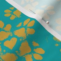 Small Puppy Paw Print Floral, Marigold on Turquoise