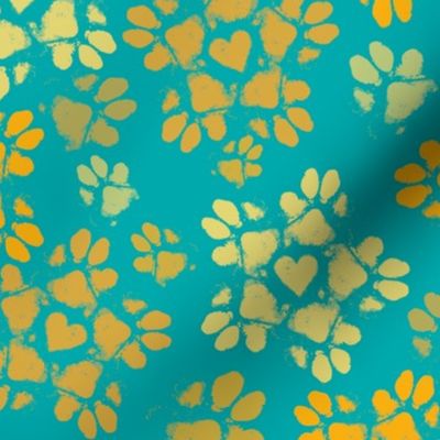 Small Puppy Paw Print Floral, Marigold on Turquoise