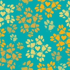 Small Puppy Paw Print Floral, Marigold on Turquoise