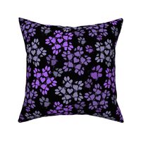 Small Puppy Paw Print Floral, Purple on Black