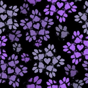 Small Puppy Paw Print Floral, Purple on Black