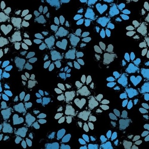 Small Puppy Paw Print Floral, Blue on Black