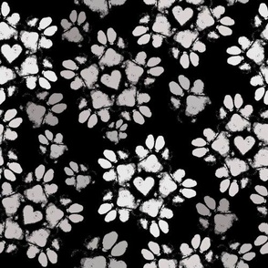 Small Puppy Paw Print Floral, White on Black
