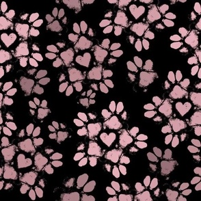 Small Puppy Paw Print Floral, Pink on Black
