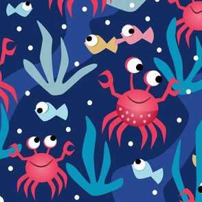 Funny Cartoon Crabs and Colorful Fish with Big Eyes - Large Scale