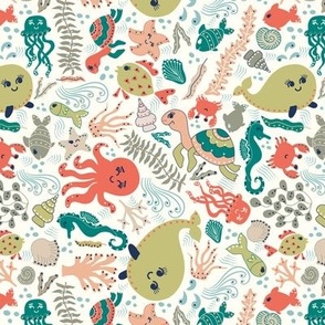 (Medium) Under the sea - ocean animals - coral, green, blue, ivory  - kids summer dress, swimsuit, headbands, scrunchies