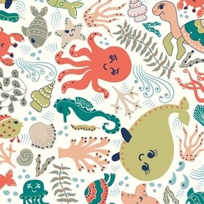 (Large) Under the sea - ocean animals - coral, green, blue, ivory -  duvet cover for kids bedding set 