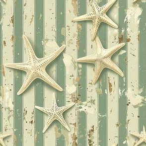 Nautical Sage Green and Beige Stripes with Starfish Beach Themed Rustic
