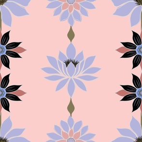 Symmetrical Garden Flowers - Black + Brown + Green + Light Purple + Pink ( Large )