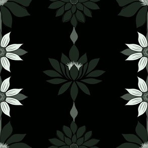 Symmetrical Garden Flowers - Black + Green +  Grey + White  ( Large )