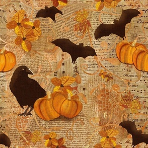 Large24” repeat mixed media vintage handwriting, book paper and hand drawn lace with crows, bats, pumpkins and flowers with faux burlap woven texture in peach and orange