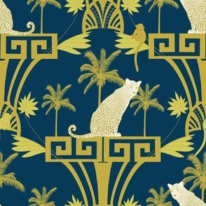Exotic oasis. Art deco leopard. Gold and royal blue