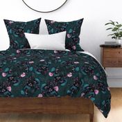 Moody Midnight Garden Floral Watercolor Pattern - Teal Green, Garnet Red  - Muted