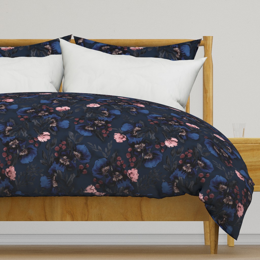 Moody Midnight Garden Floral Watercolor Pattern - Navy Blue, Garnet Red