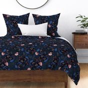 Moody Midnight Garden Floral Watercolor Pattern - Navy Blue, Garnet Red