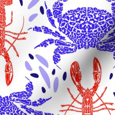 Mosaic reef crabs and lobsters red white and blue- light background