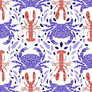 Mosaic reef crabs and lobsters red white and blue- light background