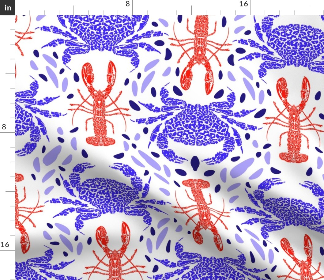 Mosaic reef crabs and lobsters red white and blue- light background
