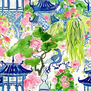 Blue bird in chinoiserie garden watercolor