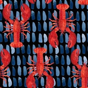 Red Lobster on Black, Ocean Texture, Hand Drawn, Watercolor, L