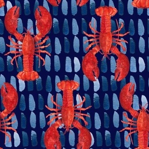 Red Lobster on Dark Navy, Ocean Texture, Hand Drawn, Watercolor, L
