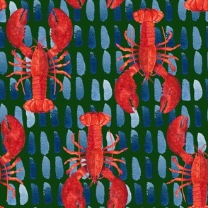Red Lobster on Forest Green, Ocean Texture, Hand Drawn, Watercolor, L