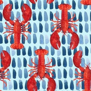 Red Lobster on Baby Blue, Ocean Texture, Hand Drawn, Watercolor, L