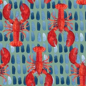 Red Lobster on Sage, Ocean Texture, Hand Drawn, Watercolor, L