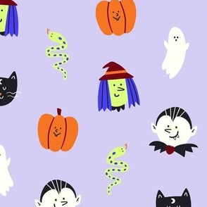 (SMALL) Cute Halloween Gang in whimsical colors for kids on Dark Background
