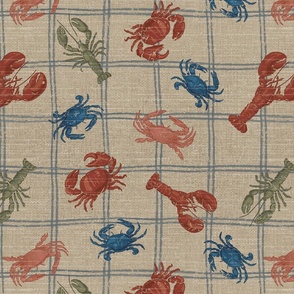 crabs and lobsters on vintage plaid linen