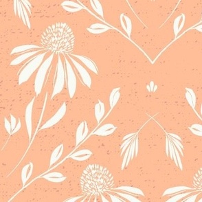 L-WITH YOU SHE BLOOMS-PEACH FUZZ -PANTONE 24-daisy, damask, flock, wallpaper, floral, botanical, hand painted, textured and tonal
