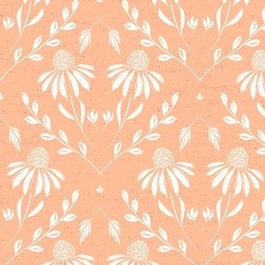 M-WITH YOU SHE BLOOMS-PEACH FUZZ -PANTONE 24-daisy, damask, flock, wallpaper, floral, botanical, hand painted, textured and tonal