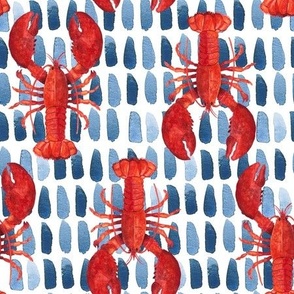Red Lobster on White, Ocean Texture, Hand Drawn, Watercolor, L