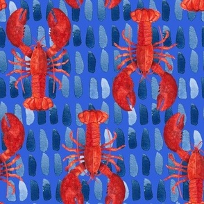 Red Lobster on Ultamarine, Ocean Texture, Hand Drawn, Watercolor, L