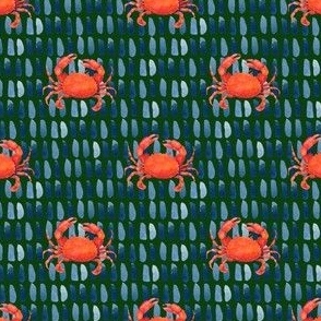  Watercolor Red Crabs on Forest Green, Hand Drawn, Ditsy, S