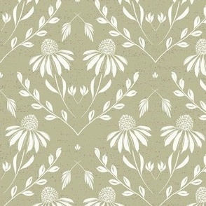 M-WITH YOU SHE BLOOMS-VIRIDIS-colour of the year 2024-daisy, damask, flock, wallpaper, floral, botanical, hand painted, textured and tonal
