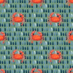  Watercolor Red Crabs on Blue Green,  Hand Drawn, Ditsy, S