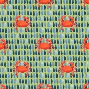 Watercolor Red Crabs on Spring Green,  Hand Drawn, Ditsy, S