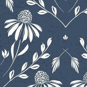 L-WITH YOU SHE BLOOMS-INDIGO BATIK-daisy, damask, flock, wallpaper, floral, botanical, hand painted, textured and tonal