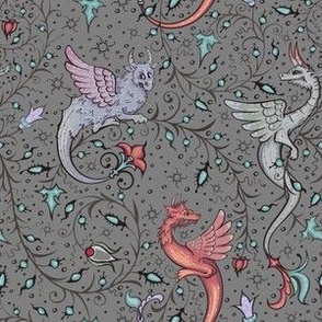 Medieval Illuminated Manuscript Dragons on Gray