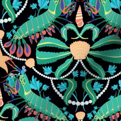 Maximalist Mantis Shrimp Fabric in Black and Green