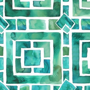 Tile 4: Greek Geometric Design in White, Teal and Emerald Green Watercolor