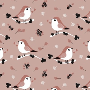 Winter Scene - Dusty Rose - Monochromatic Brown - Wildlife - Robin - Acorn - Nature - Pigeon - Berries - Christmas - Winter