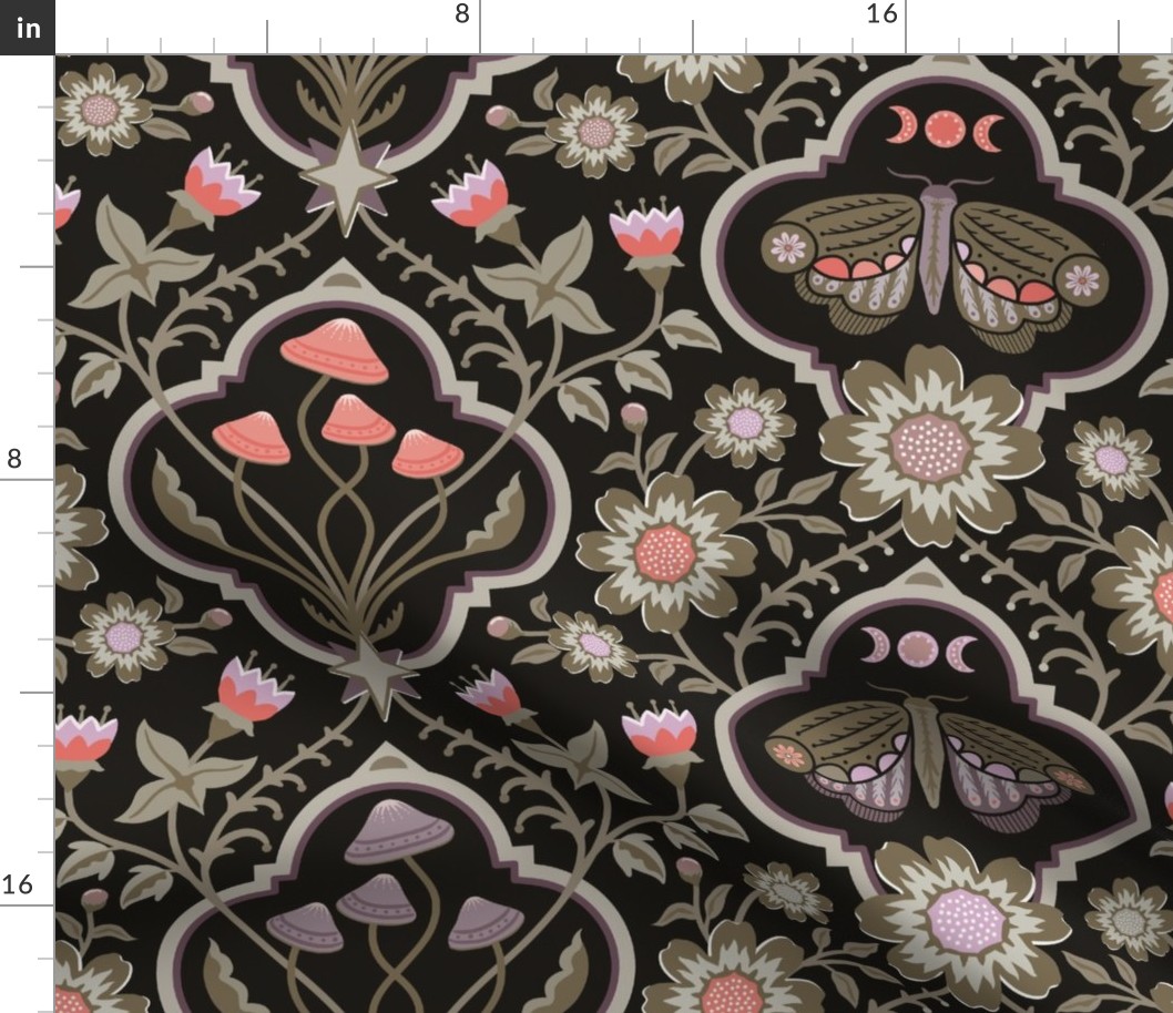 Dark cottagecore mushrooms and moths quatrefoil floral - red-orange, olive green and purple on almost black - gothic, dark decor - large