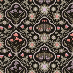 Dark cottagecore  mushrooms and moths quatrefoil floral - red-orange, olive green and purple on almost black - gothic, dark decor -mid large (14 inch W)