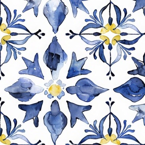 Tile 5: Watercolour Portuguese Pattern in Cobalt Blue, Yellow and White